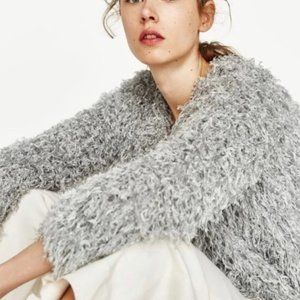 ZARA Shaggy Metallic Gray Sweater Jacket M BRAND NEW WITH TAGS